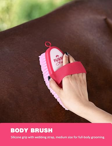 Horse Grooming Kit, 9 Piece Grooming Brush Set with Silicone Curry Comb for Bathing & Shedding Pink Garnet - color: Pink Garnet