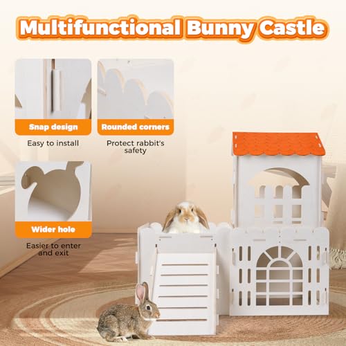Large Rabbit House, Wooden Bunny Castle with 3 Houses Indoor, Rabbit Guinea Pig Cage Multistory Climbing Tower Sturdy Wooden Castle, Small Animal Hideaway Tunnel, Orange - size: 3 Houses-Orange