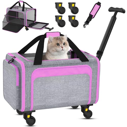 Airline Pet Carrier with Wheels, 18x11x11 for Cats & Toy Dogs | Soft-sided nylon under-seat bag, removable wheels, expandable mesh, cats & toy-breed dogs, measure pet before buying - color: Pink