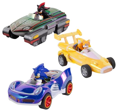 NKOK Special Edition! Sonic, Shadow and Tails Pullback (3-Pack) - Sonic & All-Stars Racing Transformed (electroplated) | Sonic & All-Stars Racing Transformed Collectible Vehicles for Kids Ages 4-6, No-Battery Pullback Action & Iridescent Finish