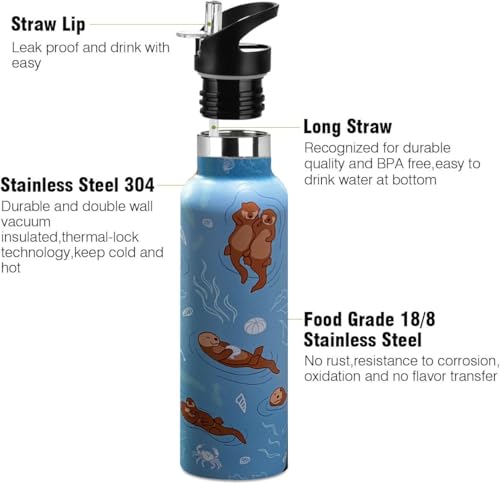Kids Water Bottle with Straw,Sea Otter Bottle Vacuum Insulated Stainless Steel Travel Mugs Tumbler For Sport School Outdoor 20 oz - color: Blue Otter