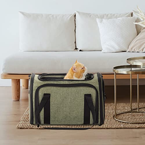 Petsfit Pet Carrier Airline Approved, Cat Carrier with Locking Zipper and Shoulder Strap, Storage Pockets, Expandable Pet Carrier Small Dog Carrier up to 15 Pounds Army Green M - color: Green, size: 17.0"L x 11.0"W x 11.0"H