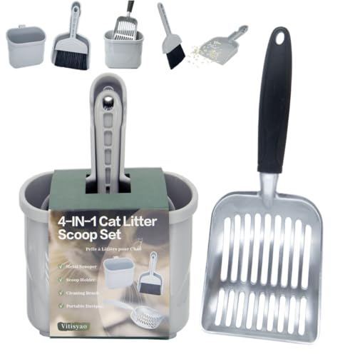 4-in-1 Cat Litter Scoop with Holder, Metal Litter Scoop Includes Portable Small Broom and Dustpan Set, Heavy Duty Stainless Steel Kitty Litter Scooper (Black) - color: #02 - Black Handle