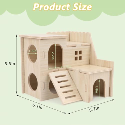 Wontee Dwarf Hamster Hideout Wooden House Maze Fun Slide Double-Decker Hut for Dwarf Hamsters Gerbils Mice or Similar Sized Pets