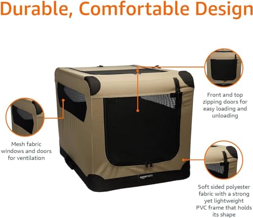 Amazon Basics Portable Folding Soft Dog Crate, Double Door, Collapsible Travel Kennel, Easy to Assemble, Medium, 29.92" x 21.3" x 21.3", Tan - color: Tan, size: M 30" x 21" x 21"