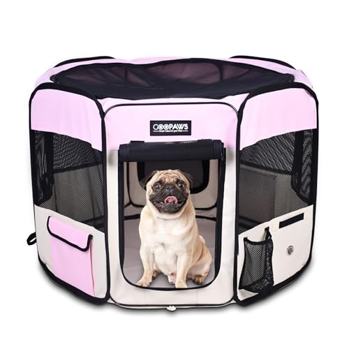 Jespet Soft Dog Playpen, Portable Pet Exercise Pen Kennel with Carry Bag | 2-Door, Easy to Fold, Ground Stakes, Zipper Locks, Large Storage Pocket, Washable Top Mesh Cover & Bottom Cover - color: Pink, style: 36x36x24 Inch (Pack of 1)