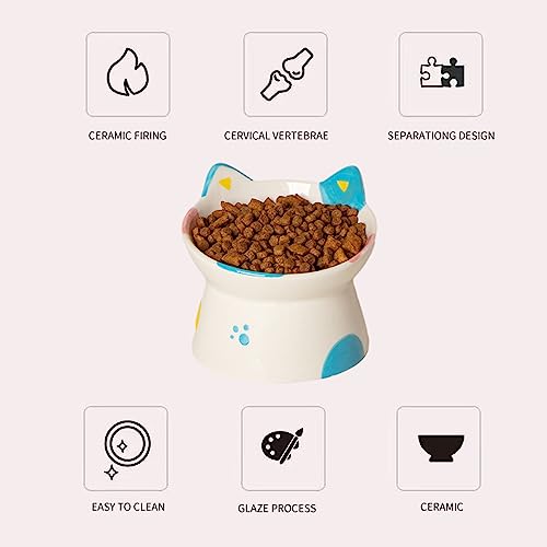 Cute Ceramic Raised Cat Bowls Elevated Design, 15° Tilted FeederProtect Cat's Spine Anti Vomiting Blow for Flat Faced Cats, Kitten Small Dogs,Raise Tilted Cat Food Bowld Pet Dishes(Blue) - color: Blue