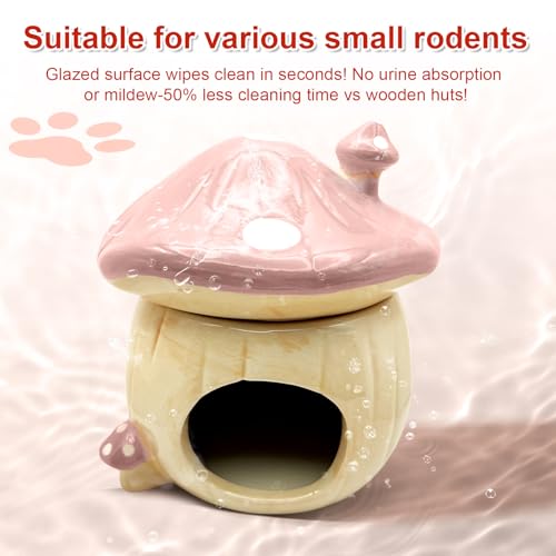 Mushroom Ceramic Hamster Hideout, Water Bottle with Stand, Food Bowl, Hamster Accessories (Pink) - color: pink