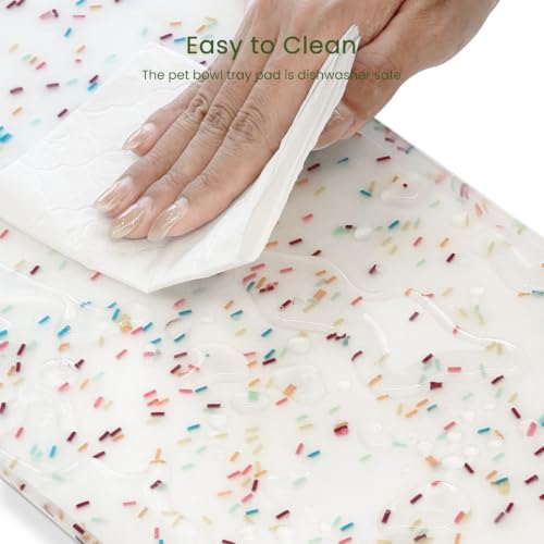 PWTAA Dog Food Mat Anti-Slip Silicone Dog Bowl Mat Thicker Pet Placemat Waterproof Cat Feeder Pad with Raised Edge Puppy Kitten Feeding Mats Suitable Small Medium-Sized Dogs Cats Eating Tray - 2PCS - color: Donut White, size: 19.4" x 9.8"-2PCS