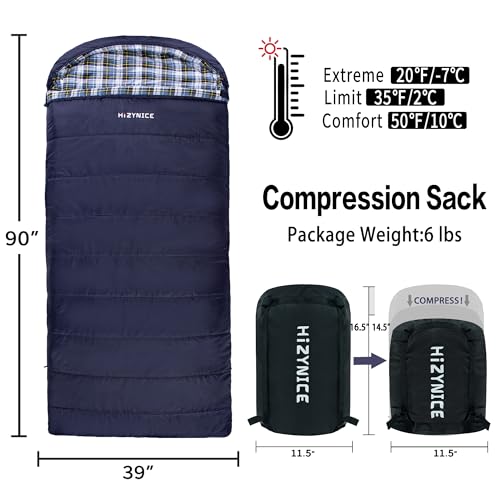 HiZYNICE Sleeping Bags for Adults XXL Cold Weather | 100% Cotton Flannel Winter Camping Large 90 x 39 in,Compression Sack Included - color: Navy Blue, size: 20F Left Zip