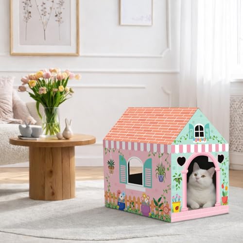 Cinrobiye Cardboard Cat House with Scratcher Spring Pet Board Bed Cave Playhouse Hideaway Hideout Condo Decor Small Animals Scratch Box for Indoor Cats Kittens Rabbits Bunny - color: Pink