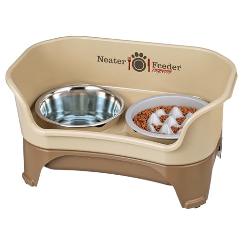 Neater Feeder Express Mess Proof Dog Bowls Elevated for Medium and Large Breed – Made in USA – No Spill Raised Slow Feeder Elevated Dog Bowl Stand, Slow Feed Food and Water Bowl Set, Cappuccino - color: Cappuccino, size: Medium to Large w/ 9 Peak Slow Fee