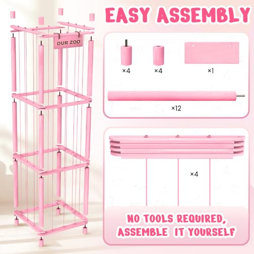 Woodure Stuffed Animal Storage & Organizer, Wooden Cute Zoo Toy Holder for Toddler Rooms, Playrooms & Bedrooms（Pink） - color: Pink