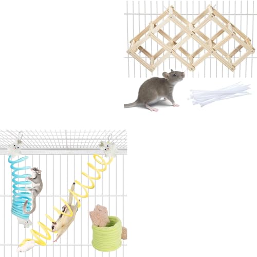 Small Pet Activity Set Natural Wood Climbing Ladder and Elastic Ropes for Rats Sugar Gliders 1PC Medium Ladder and 3PC Ropes Green Blue Yellow
