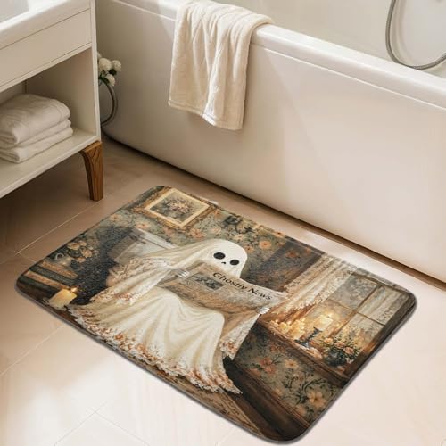 JAWO Funny Halloween Bath Mat, Gothic Ghost Sitting on Toilet Reading Newspaper Print, Vintage Spooky Non-Slip Absorbent Floor Mat for Bathroom Party Decor 17X29 - color: Beige1, size: 17.00" X 29.00"