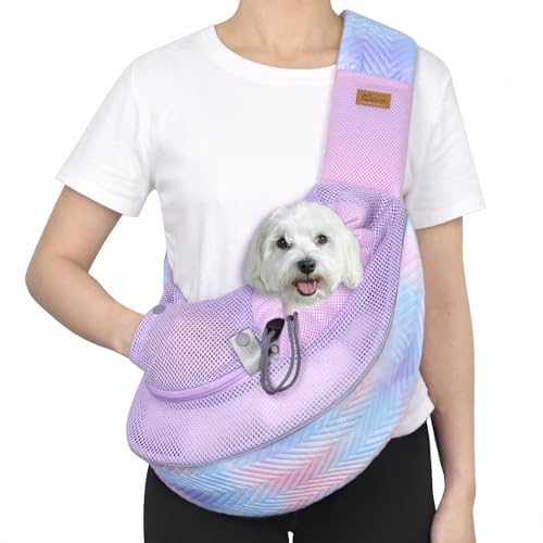 Pet Sling Carrier for Small Dogs Cats,Adjust Drawstring & Zipper Security Hook Triple Designs for Pets' Securty Dog Bag,Breathable Travel Pet Puppy Sling Carrier (Purple, L (10-14lbs)) - color: Purple, size: L (10-14 lbs)