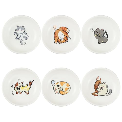 Super Cute Cartoon Animal Ceramic Sauce Dishes, Seasoning Dishes, Little Cat Dog Bird Feeding Bowls, Sushi Soy Dipping Bowls, Appetizer Plates, Dessert Plates, Set of 6-Cats-3.5 Inch