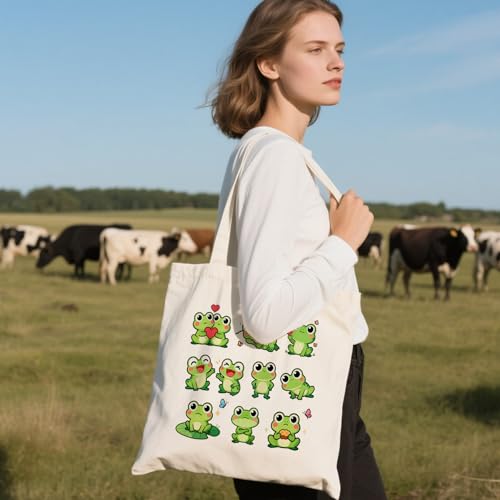 ANATTASOUL Canvas Tote Bag Reusable Cotton Bag for Women, Large 14.96"x 15.74" Cloth Shoulder Bags with Zipper Pockets - style: Frog
