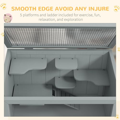 PawHut 3-Tier Wooden Hamster Cage Mice and Rat Cage Gray | Small Animals Hutch, Openable Top, Storage Shelf - color: Gray