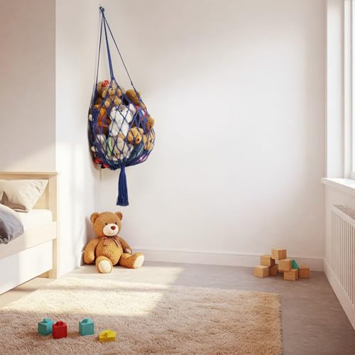 Stuffed Animal Storage Hammock Corner Hanging Net Stuffy Animal Hammock Macrame Toy Display Plush Toy Holder for Kid Bedroom Decor Boho Nursery Playroom Organizer (Blue) - color: Blue