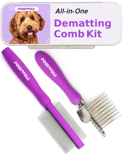 Pain-Free Dematting Comb Kit for Dogs & Cats, Dematting Rake & Detangling Dual-Side Comb Set, Dematting Brush for Dogs & Cats, Pet Grooming Tools Kit for Poodle Doodle & All Long Haired Pets