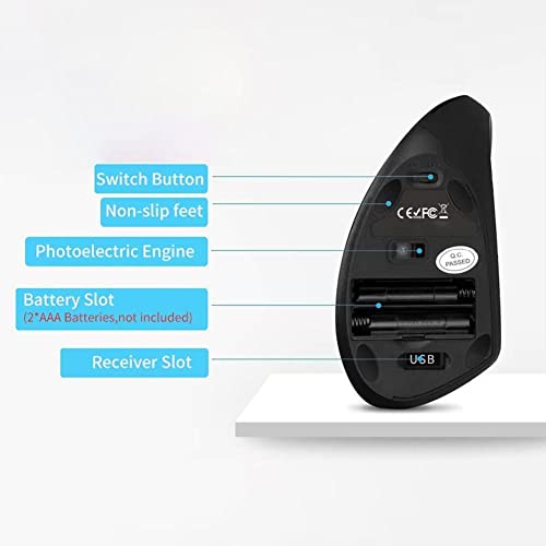 Ergonomic Mouse, 2.4G Optical Wireless Vertical Mouse with 6 Buttons - 3 Adjustable DPI 800/1200/1600 for Laptop, PC, Computer, Desktop, Notebook etc, Specially for Right-handers - color: Black - Right Hand - Battery