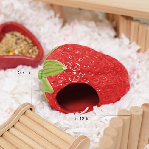 Ceramic Hamster Hideout Strawberry Chew Proof Syrian Hide Cool Bed | Easy to Clean Durable Ceramic Guinea Pig House, Good Hiding Hut Cave for Gerbil, Mice, Rat All Season，Cute Red Habitat Decor - color: Red