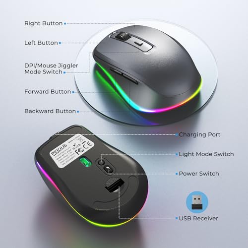 PEIOUS Wireless Mouse Jiggler - Keep Computers Awake, Space Grey | Rechargeable LED Mouse, Silent Clicks, Adjustable DPI and Random Movement Keep Computers Awake for Laptop/PC/Mac - color: Space Grey