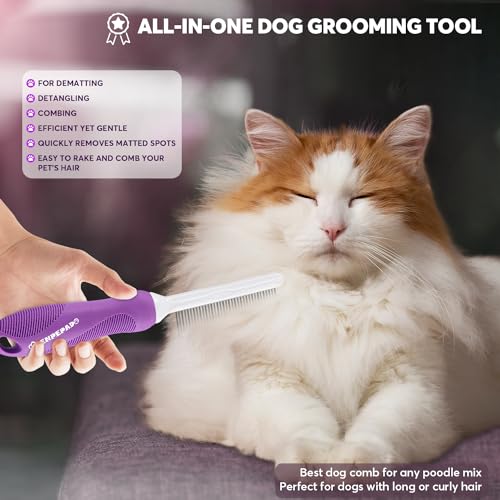 GENPEPADO Grooming Comb for Dogs and Cats with Matted Hair, Detangling Pet Comb with Long and Short Stainless Steel Metal Fine Teeth for Removing Mats, Tangles, Knots & Loose Fur from The Undercoat - color: Purple