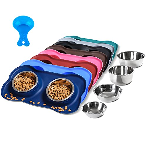 Hubulk Pet Dog Bowls 2 Stainless Steel Dog Bowl with No Spill Non-Skid Silicone Mat + Pet Food Scoop Water and Food Feeder Bowls for Feeding Small Medium Large Dogs Cats Puppies (Small, Navy Blue) - color: Navy Blue, size: Small