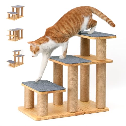 FUKUMARU Dog Stairs, Solid Wood Pet Stairs with Cat Scratching Post | Transformable Cat Step Hold Up to 200 lbs, 20" Pet Ramp for Dogs and Cats to Climb High Bed and Couch, Over 6 Combinations - color: Grey