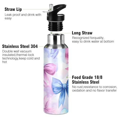 Pink Blue Bow Water Bottle Girls Stainless Steel Water Bottle Straw Lid | Kids Leak Proof Girls Insulated Tumbler Cup for School 20 oz - color: Multi11