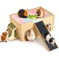 Large Guinea Pig Wooden Hideout with Detachable Snack Hay Feeder, Guinea Pig Castle with Plush Cushion and Ramp - Easy Assembly House for Play, Sleep & Exploration