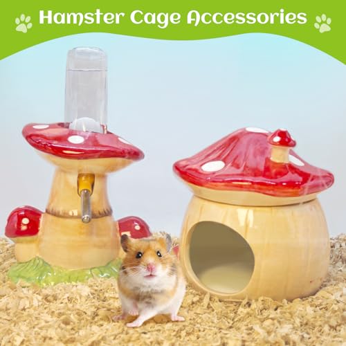 BNOSDM 3-in-1 Ceramic Hamster Hideout, Food Bowl, Water Bottle with Stand - Mushroom Shape - Red - color: Red Hideout Trio