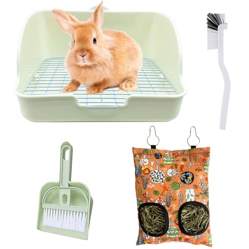 Rabbit Litter Box with Hay Bag, 4-in-1 Rabbit Potty Toilet Feeding Cleaning Set for Dwarf Bunny Guinea Pig Chinchilla (White)