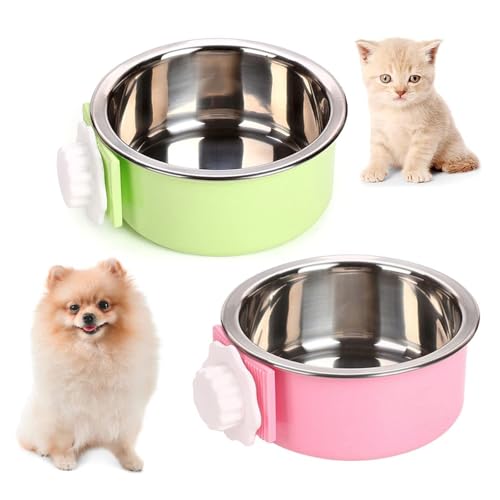 kathson Crate Dog Bowl, Removable Stainless Steel Hanging Pet Cage Bowl Food & Water Feeder Coop Cup for Cat, Puppy, Birds, Rats, Guinea Pigs (2 PCS, Size: M, Green and Pink) - color: Size: M (Green, Pink), size: 2 PCS