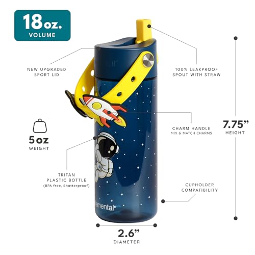 Elemental Water Bottles for Kids - Splash Kids Water Bottle for School with Fun Charm Handle - BPA Free Tritan Plastic Bottle with Straw Leak Proof When Spout is Closed - 18oz - Little Astronaut - color: Little Astronaut