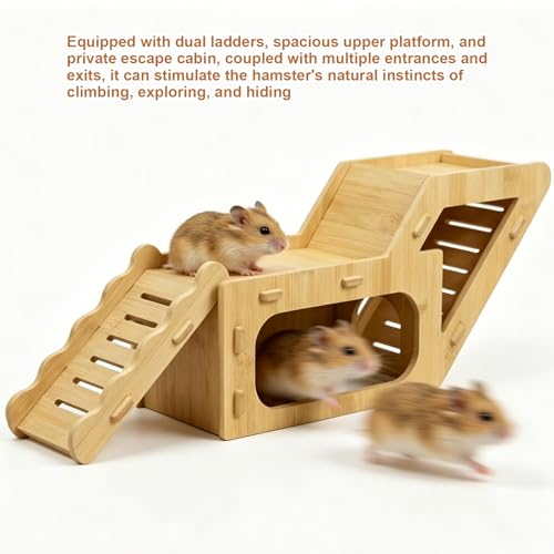 Wooden Hamster Hideout,Hamster Hideout Cage Accessories with Ladder(Z) | Platform for Syrian Hamsters Dwarf Gerbil Mouse - color: Bamboo-Light