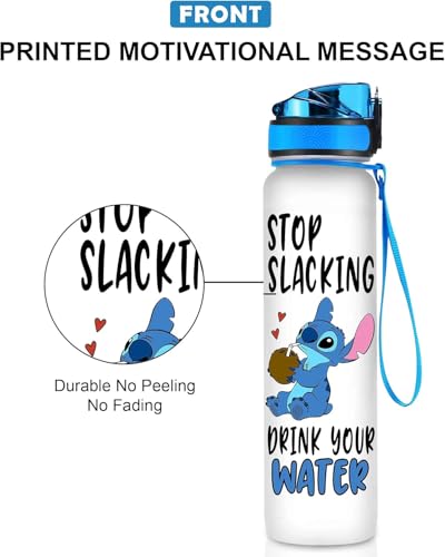 BAIG Blue Alien 32 Oz Water Track Bottle, Stop Slacking Drink Your Water Water Bottle With Time Marker, Alien Motivational Insulated Water Bottle, Gifts For Cute Alien Lovers