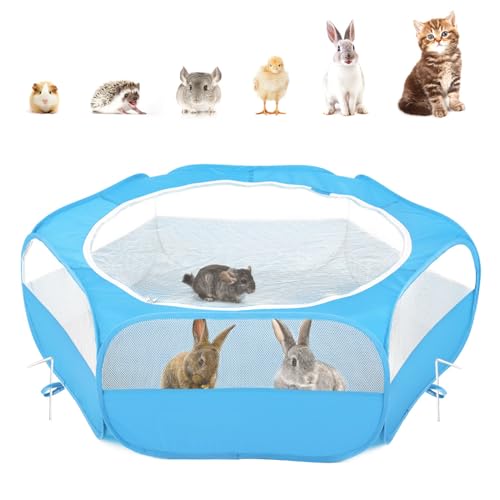 Pawaboo Small Animal Playpen with Zippered Cover,Light Blue | Portable pop-up pet tent for supervised rabbits, guinea pigs, chicks and kittens; water-resistant bottom and 3 metal rods - color: C-Light Blue