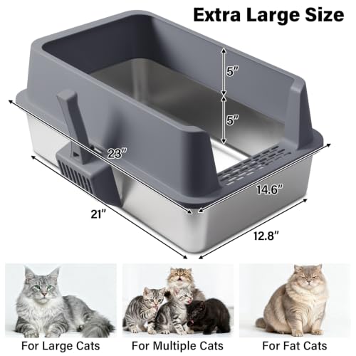 Stainless Steel Litter Box with Lid,XL Extra Metal Cat Litter Box | Large Litter Boxes for Big Cats,Metal Kitty Litter Boxes with Anti-Leakage, High Sides,Easy to Clean,Scoop & Mat Included - color: 573713Gray