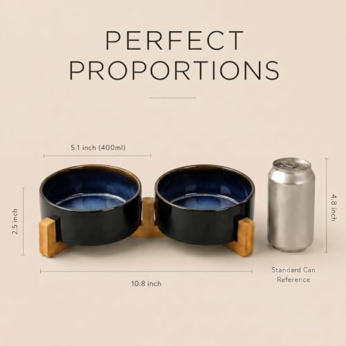 SPUNKYJUNKY Ceramic Dog and Cat Bowl Set with Wooden Stand, Modern Cute Weighted Food Water Set for Small Size Dogs (13.5OZ) & Medium Sized Dogs (28.7OZ) & Cats (1.7 Cups, 2 × Starry Blue) - color: Starry Blue × 2, size: 1.7 cups
