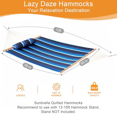 Lazy Daze 12 FT Sunbrella Fabric Hammock, Non-Fading Double Outdoor Hammock | 2 Person Hammock with Pillow, Straps, Carabiners , All Weather Fade Resistant for Outside, Gateway Indigo - color: Gateway Indigo