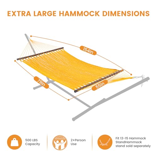 Lazy Daze XL Handwoven Caribbean Rope Hammock, 2+ Person Hammock | 13FT Polyester Outdoor Hammock with Spreader Bars & Straps & Carabiners, 500lbs Capacity for Outside, Patio, Yellow - color: Yellow