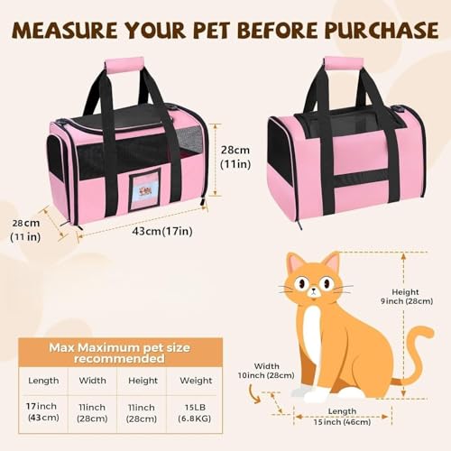 Large Soft Cat Carrier with Detachable Food Bowl,Pet Bag (Up to 28 lbs) | Puppy Kennel with Lockable Zippers for Small Dog, Kitten,Medium Travel Carrying Case for Car Airline Transport,Pink - color: Pink, size: 20"L x 13"W x 13"H