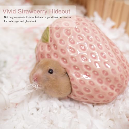 Ceramic Hamster Hideout Strawberry Chew Proof Syrian Hide Cool Bed | Easy to Clean Durable Ceramic Guinea Pig House, Good Hiding Hut Cave for Gerbil, Mice, Rat All Season，Cute Pink Habitat Decor - color: Pink
