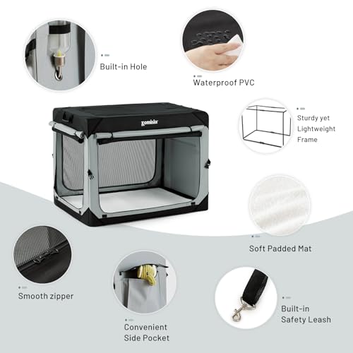 ZOMISIA Collapsible Dog Travel Crate for Medium Dogs, Portable Dog Crate | 30 Inch Dog Kennel Soft Sided, Easy Fold & Setup, Indoor & Outdoor, Breathable Mesh Windows, Built-in Leash, Plush Pad, Grey - size: 30.0"L x 21.0"W x 21.0"H