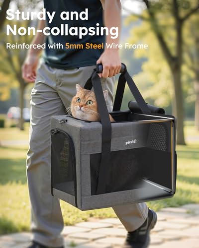 Pecute Cat Carrier, Portable Travel Dog Carrier with Stable Structure, Grey | Larger Space, 360° Ventilation & Comfort, Escape-Proof, for Travel / Car Trips / Vet Visits, Fits Cats up to 11 lbs - color: Grey