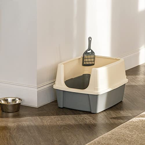 Amazon Basics Large Cat Litter Box with High Sides, Open Top for Easy Access, Includes Scoop with Storage, 19" x 15" x 11.75", Grey/Beige - color: Grey/Beige, style: Open Top