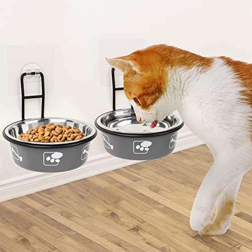 Torlam Elevated Pet Bowls, Wall Mounted Cat Food Dish, Raised Cat Food and Water Bowls, Stainless Steel Elevated Pet Bowls with Stand, Nonslip No Spill Pet Feeding Bowls (2 Packs) (Grey) - color: Grey